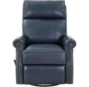 Crews Barone Navy Blue Leather Swivel Glider Recliner with Nailhead Trim