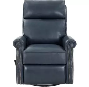 Crews Barone Navy Blue Leather Swivel Glider Recliner with Nailhead Trim