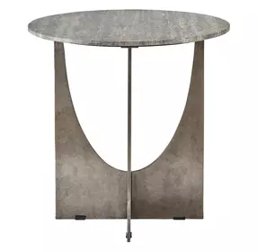 Curated Gray and Gold Round Travertine Top Op Art End Table