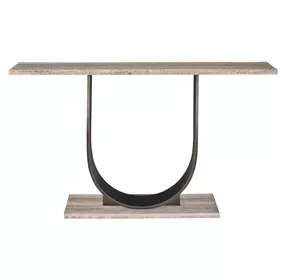 Curated Gray and Oil Rubbed Bronze Rectangular Travertine Top Equilibrium Console Table