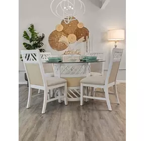 Miramar Sand and Stark White Round Glass Top Dining Room Set
