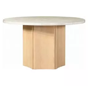 Qwin White and Weathered Oak 52" Round Marble Top Dining Table