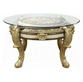 Desiderius Antique Gold and Hand Paint Brown 62" Round Glass Top Dining Table