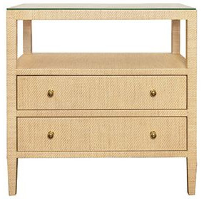 Cynthia Natural Grasscloth Rectangular 2 Drawer Glass Top Side Table