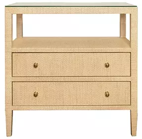 Cynthia Natural Grasscloth Rectangular 2 Drawer Glass Top Side Table
