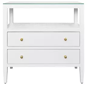 Cynthia Textured White Rectangular 2 Drawer Glass Top Side Table