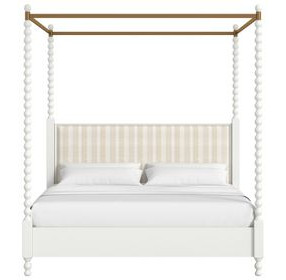 Haven Warm White Queen Upholstered Canopy Poster Bed