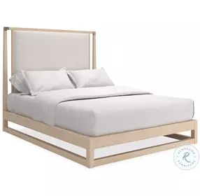 Pinstripe Ecru Shimmer And Sun Drenched Oak Upholstered Queen Platform Bed