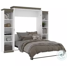 Orion White And Walnut Grey 104" Queen Murphy Bed With 2 Narrow Shelving Units