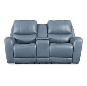 Bel Air Persian Blue Leather 76" Lay Flat Power Reclining Console Loveseat with Power Headrest and USB Charging
