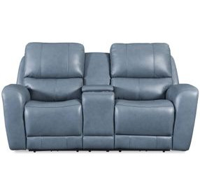 BelleAvenue Persian Blue Leather 76" Lay Flat Power Reclining Console Loveseat with Power Headrest and USB Charging
