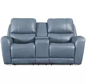 BelleAvenue Persian Blue Leather 76" Lay Flat Power Reclining Console Loveseat with Power Headrest and USB Charging