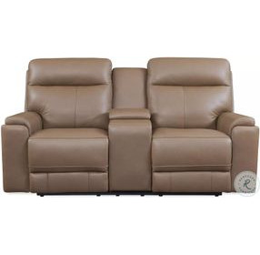 Bryant Tuscan Tan Leather 76" Lay Flat Power Reclining Console Loveseat with Power Headrest and USB Charging