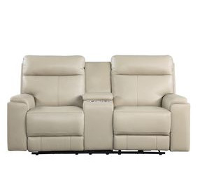 Bryant Taupe Leather 76" Lay Flat Power Reclining Console Loveseat with Power Headrest and USB Charging