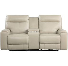Bryant Taupe Leather 76" Lay Flat Power Reclining Console Loveseat with Power Headrest and USB Charging