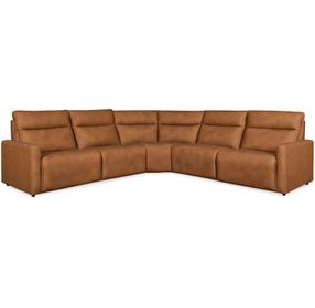Adell Saddle Leather Power Reclining 5 Piece Sectional with Power Headrest And Footrest