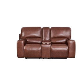 Broadway Brown Leather 79" Lay Flat Power Reclining Console Loveseat with Power Headrest and USB Charging