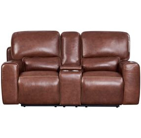 Broadway Brown Leather 79" Lay Flat Power Reclining Console Loveseat with Power Headrest and USB Charging