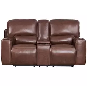 Broadway Brown Leather 79" Lay Flat Power Reclining Console Loveseat with Power Headrest and USB Charging