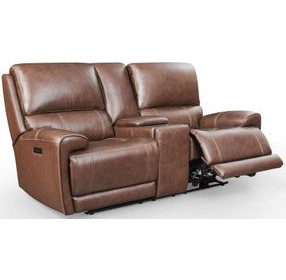 Highland Brown Coffee Leather Power Reclining Console Loveseat with Power Headrest