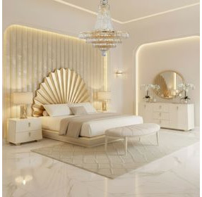 Fantosini Creamy Pearl and Gold Leaf Fan Platform Bedroom Set