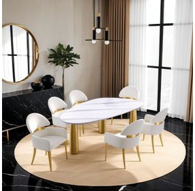 Northam Matte Gold and White 79" Rectangular Sintered Stone Top Dining Room Set