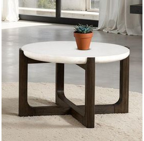 Vellara Dark Walnut and White Round Quartz Stone Top Cocktail Table