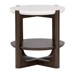 Vellara Dark Walnut and White Round Quartz Stone Top End Table
