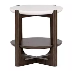 Vellara Dark Walnut and White Round Quartz Stone Top End Table