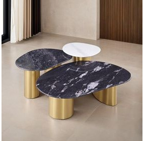 Northwich Black and Matte Gold Oval Sintered Stone Top Occasional Table Set