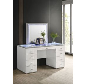 Stoholm White 9 Drawer Glass Top Vanity with Mirror and LED