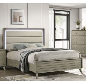 Rainier Gray and White Queen Upholstered Panel Bed with LED
