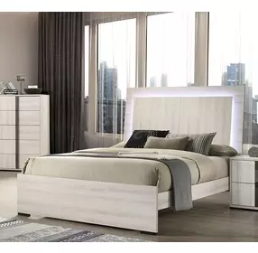 Horten White Wash Full Panel Bed with LED Light