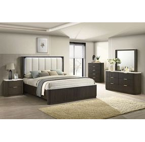 Merthyr Dark Walnut Leather Upholstered Panel Bedroom Set with LED