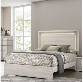 Lincolt White Wash and Stone Gray Queen Panel Bed with LED Light