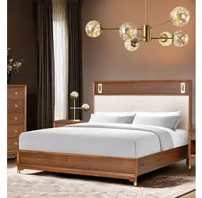 Hepburne Walnut and White Queen Upholstered Panel Bed with LED
