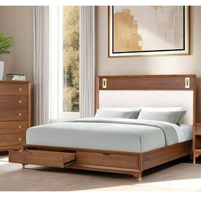 Hepburne Walnut and White King Upholstered Storage Panel Bed with LED