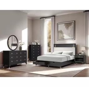 Torrance Black and White Upholstered Storage Panel Bedroom Set with LED