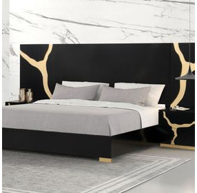 Goldsberg Black and Gold King Platform Bed with Wall Panel