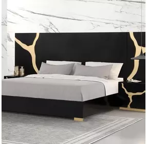 Goldsberg Black and Gold King Platform Bed with Wall Panel