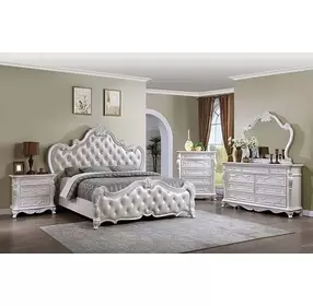 Ventresca White Upholstered Panel Bedroom Set with Nailhead Trim