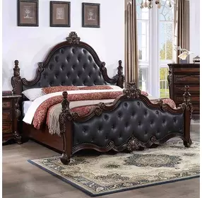 Cremona Dark Cherry and Gray Queen Upholstered Panel Bed with Nailhead Trim