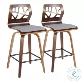Folia Walnut Wood And Light Grey Fabric Counter Height Stool Set Of 2