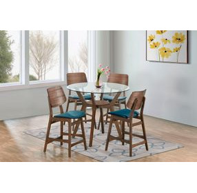 Oscar Walnut and Teal 42" Round Glass Top Counter Height Dining Set with 4 Cushion Chairs