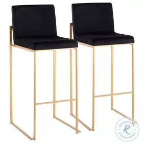 Fuji Black Velvet And Gold Steel High Back Bar Stool Set of 2