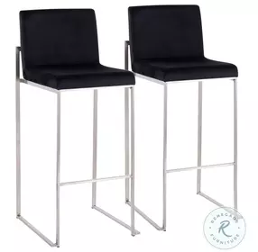 Fuji Black Velvet And Stainless Steel High Back Bar Stool Set of 2