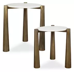 Monterey White and Antique Gold Round Marble Top Nesting Table Set of 2