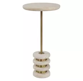 Oakley Brushed Brass and White Round Travertine Top Drink Table