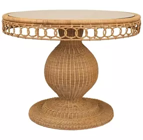 Gabrielle Natural Rattan 40" Dining Table With Decorative Apron And Glass Top
