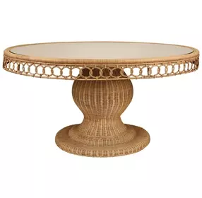 Gabrielle Natural Rattan 60" Dining Table With Decorative Apron And Glass Top
